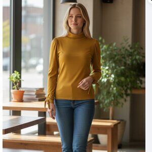 Jennyfer Yellow Turtleneck Women's Size Large Tie Cuff Details Lightweight